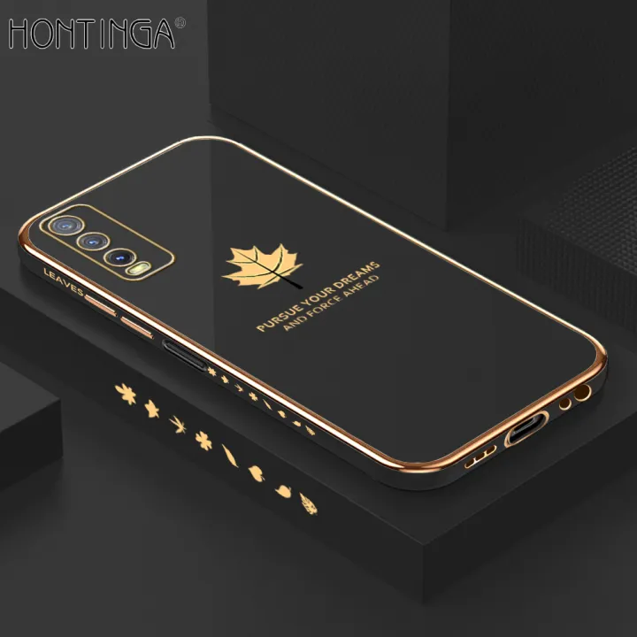 For Vivo Y20 Back with Wrist Strap Luxury 6d Plating Maple Leaf full camera protection slim soft silicone bumper phone case
