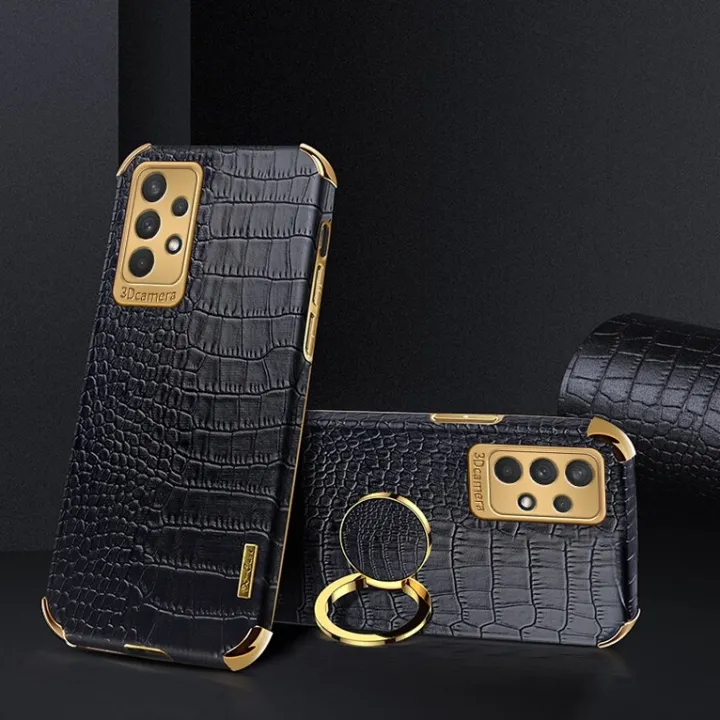 Luxury Plating Crocodile Pattern Leather Phone Case Holder for Samsung Galaxy A72/Galaxy A72 5G magnetic car ring stand cover