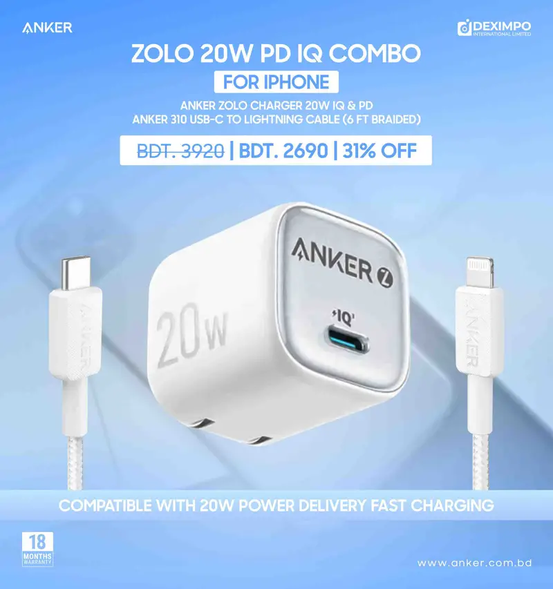 Combo Anker Zolo Charger 20W IQ &amp; PD iPhone 14 Series and Below 6ft Cable - Price in Bangladesh
