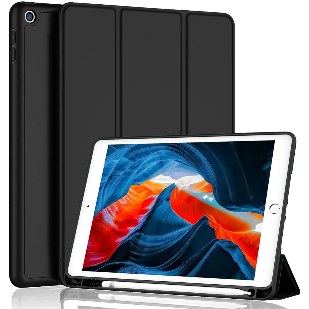 For Apple Ipad 9.7 (2018) 9.7 Inches (6Th Generation) Luxury Premium Silk Texture Horizontal Flip Leather Cover With 3 Folding Holder Smart Case With Pen Holder Black/Blue