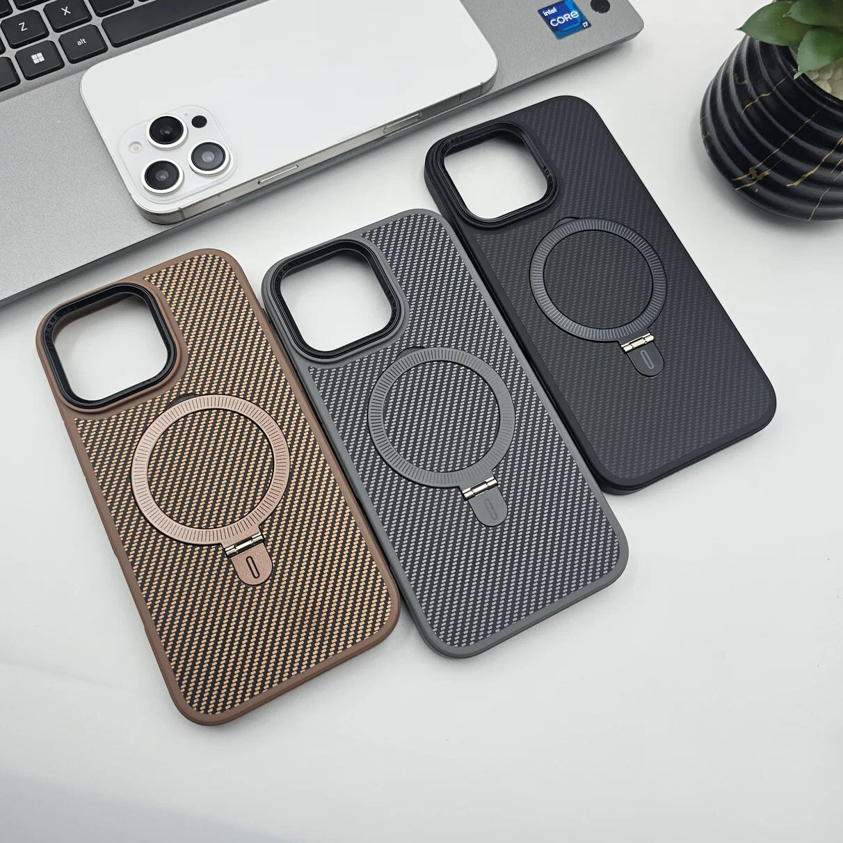 iPhone 11 Series Carbon Fibre With Magnetic Magsafe Ring Stand Case for ✔ iPhone 11 ✔ iPhone 11 Pro ✔ iPhone 11 Pro Max back cover