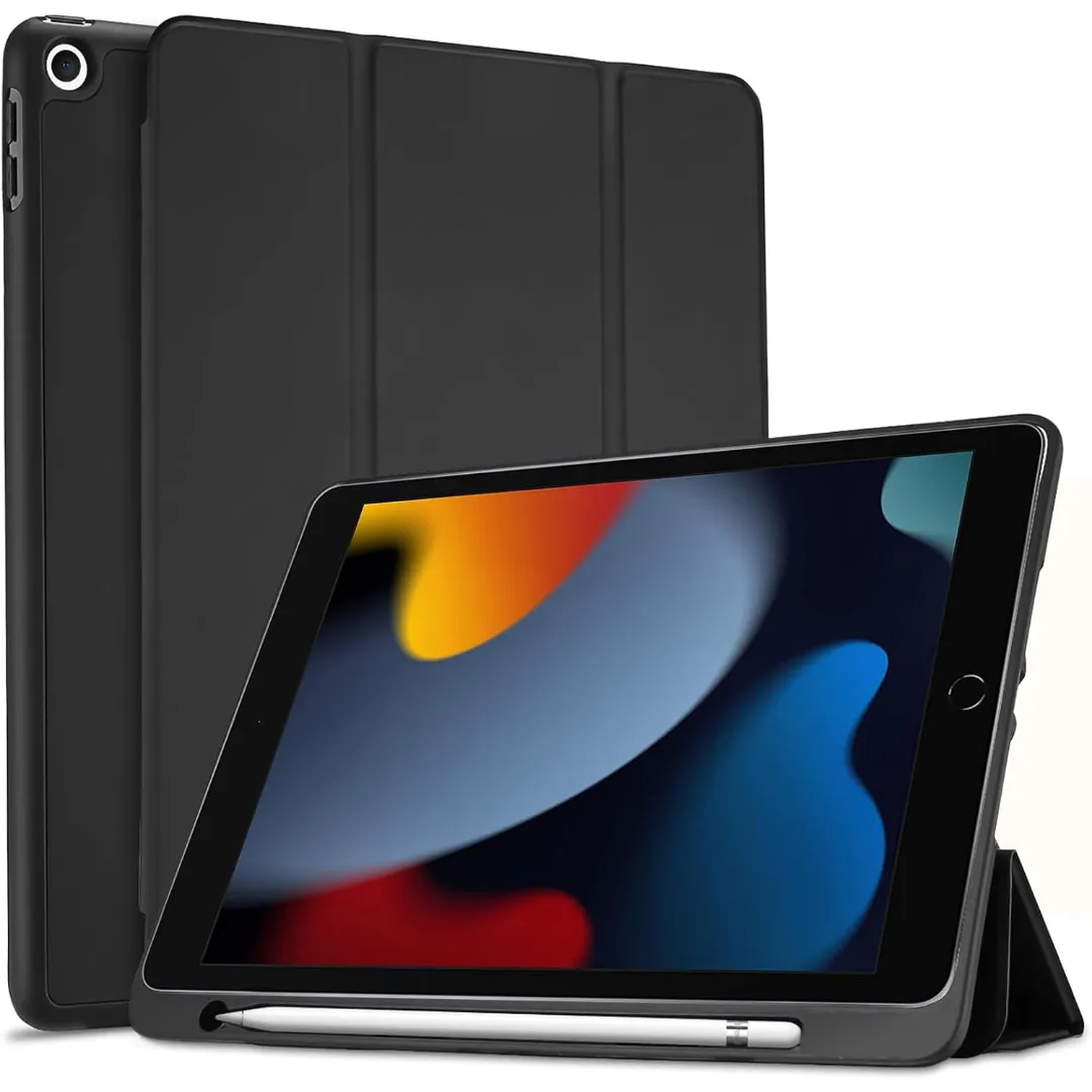 Procase Smart Case For Ipad 10.2" 9Th/8Th/7Th Gen, Black | 2021 / 2020 / 2019 Releases, Soft Tpu Back Cover, Protective Pencil Holder Slot, Slim Steady Stand Construction