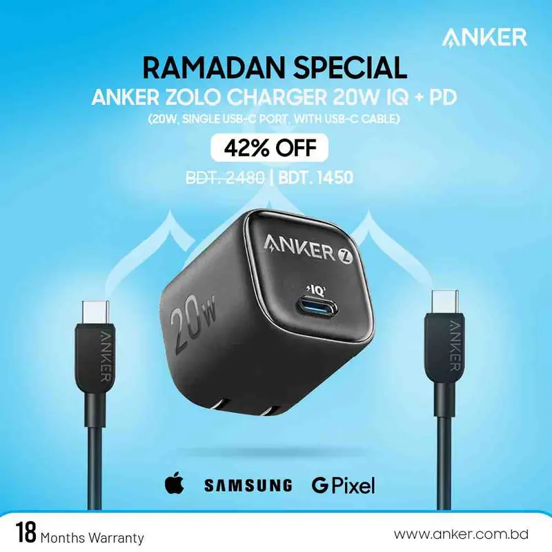 Anker Zolo Charger 20W Single USB-C Port with USB-C Cable - Price in Bangladesh