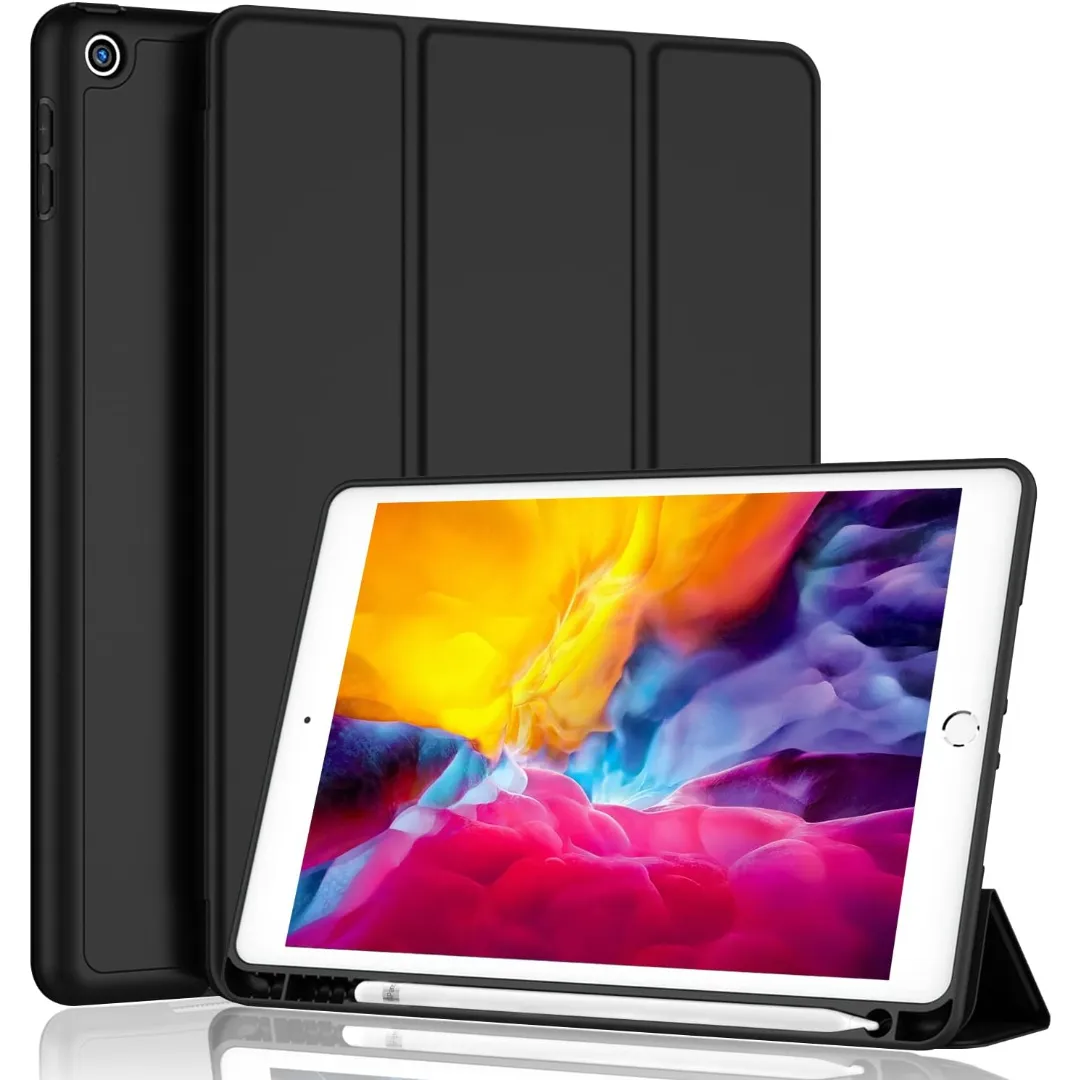 Premium Flexible Tpu Flip Case For Apple Ipad 9.7 Case (2018/2017 Model, 6Th/5Th Generation), Smart Cover With Pencil Holder And Soft Baby Skin Silicone Back And Full Body Protection, Auto Wake/Sleep Cover (Black/Navy Blue) A1823 A1822 A1954 A1893
