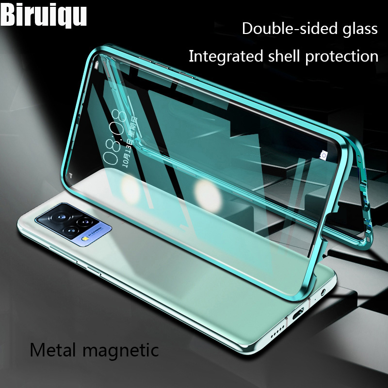 Biruiqu case for Vivo V21 magnetic absorption case shockproof metal frame double sided tempered glass magnetic cover case