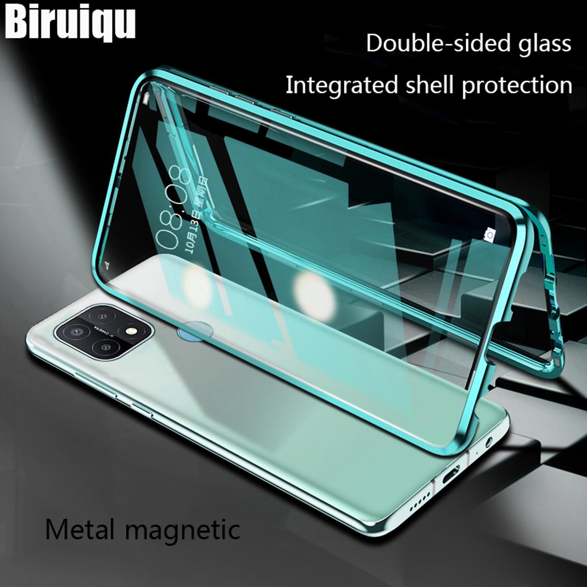 Biruiqu case for Oppo A15 a15s magnetic absorption case shockproof metal frame double sided tempered glass magnetic cover case