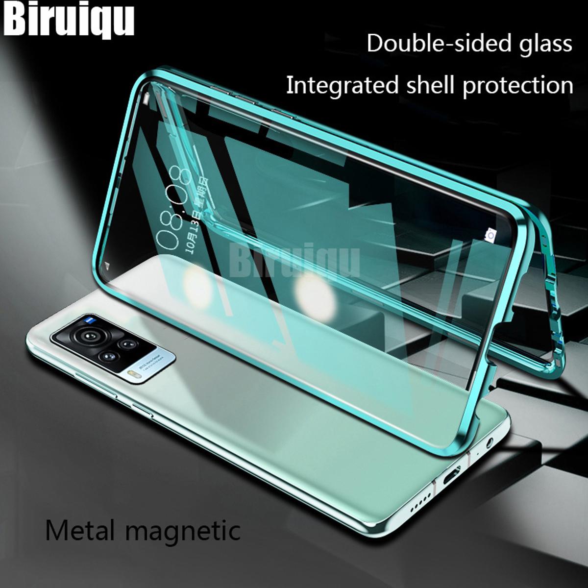Biruiqu case for Vivo X60 pro magnetic absorption case shockproof metal frame double sided tempered glass magnetic cover case