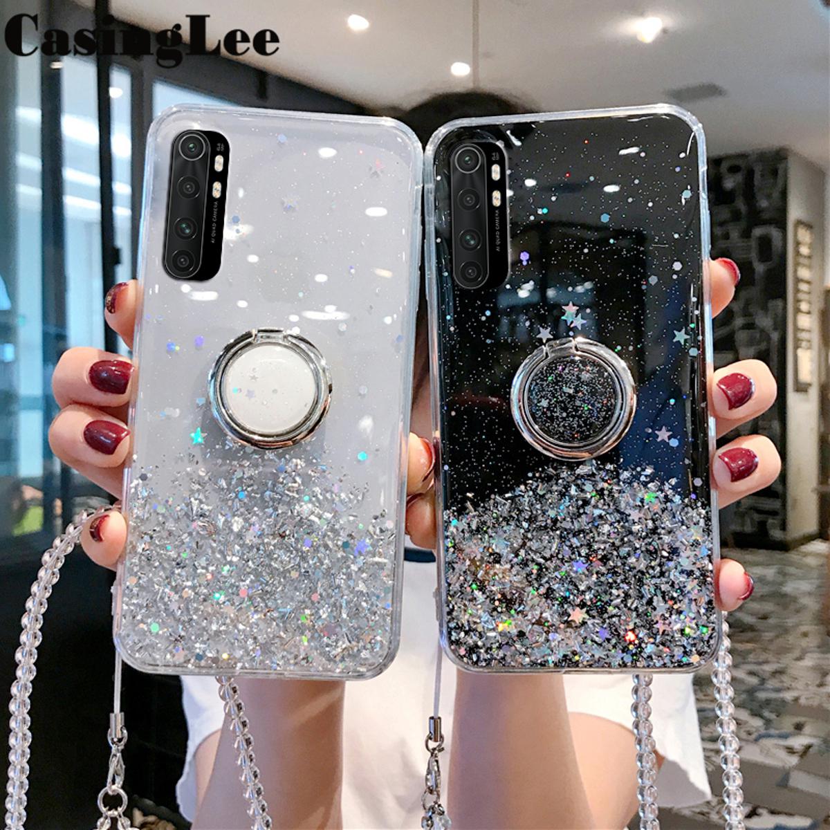 Casinglee for Xiaomi Note 10 lite case shiny ring glitter soft transparent stand Holder back cover with string for Xiaomi note10 Lite phone case star Moon Girl cover for girls boys