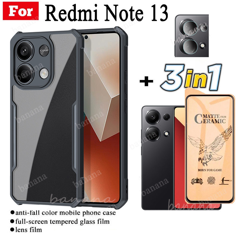 3 in 1 Redmi Note 13 Shockproof Phone Case for Redmi Note 13 Pro 4G 5G Ceramic Frosted Film+Camera Lens Film