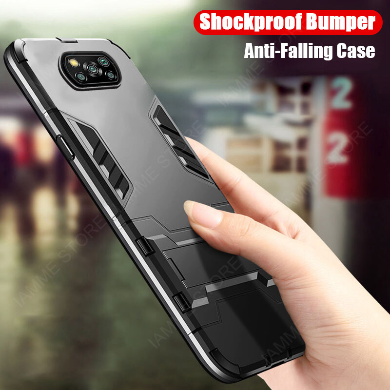 For Xiaomi Poco X3 Pro back cover shockproof hybrid armor stand holder design hard plastic soft TPU silicone bumper phone case