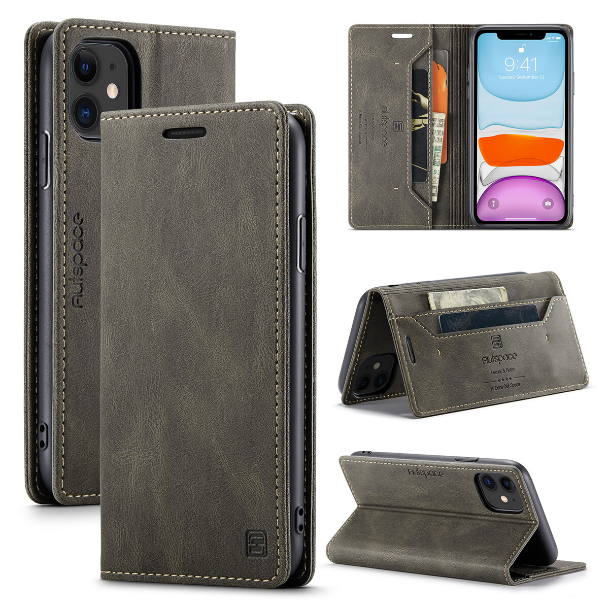 Lthmy for iPhone 11 vintage leather flip cover stand magnetic closure shockproof case