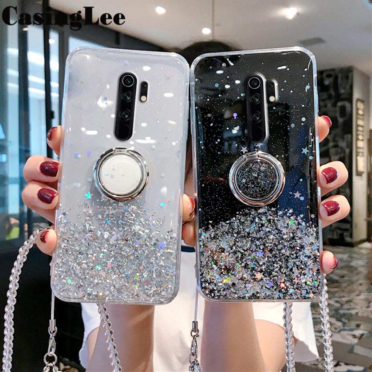 Casinglee for Redmi 9 case shiny ring glitter soft clear stand Holder back cover with string for mi redmi9 vocabulary star Moon Girl cover case for girls and boys