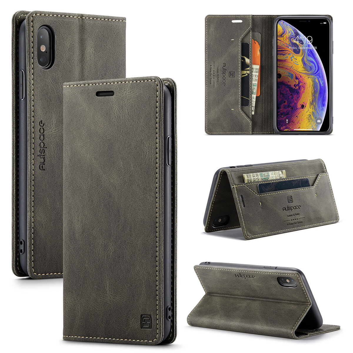Lthmy for XS Max vintage leather flip cover stand magnetic closure shockproof case