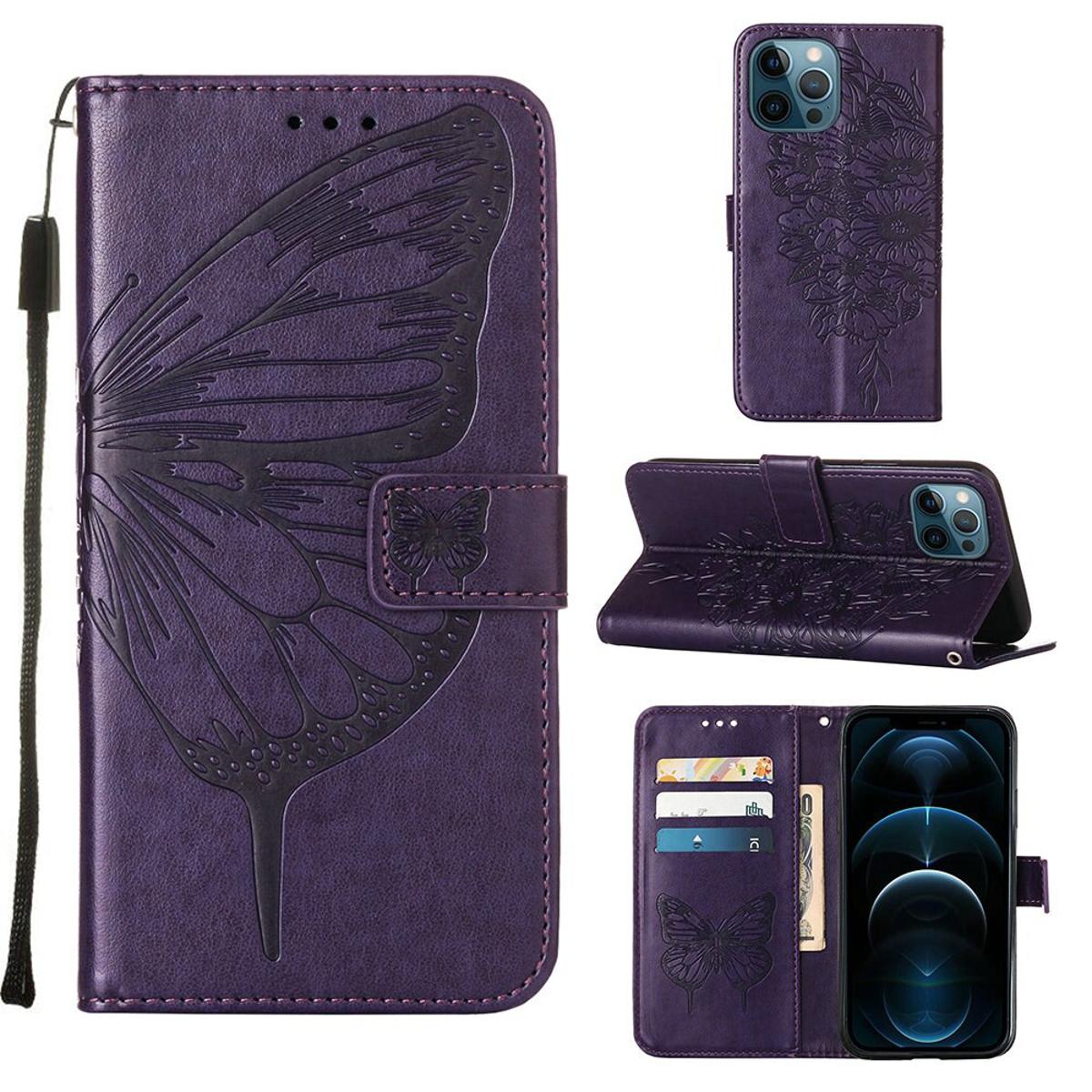 Lthmy for 12 Pro Max butterfly PU leather flip wallet card slots with hand strap stand cover case