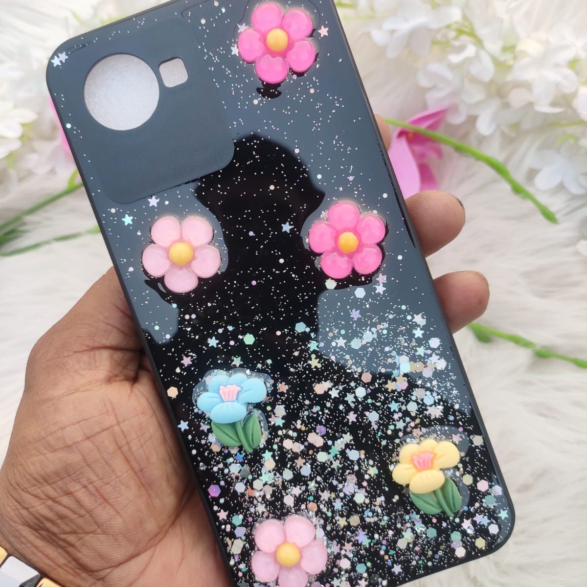 For Realme C30 3D Luxury Shining Flower Diamond Pearl Mobile Back Phone Casing Girl