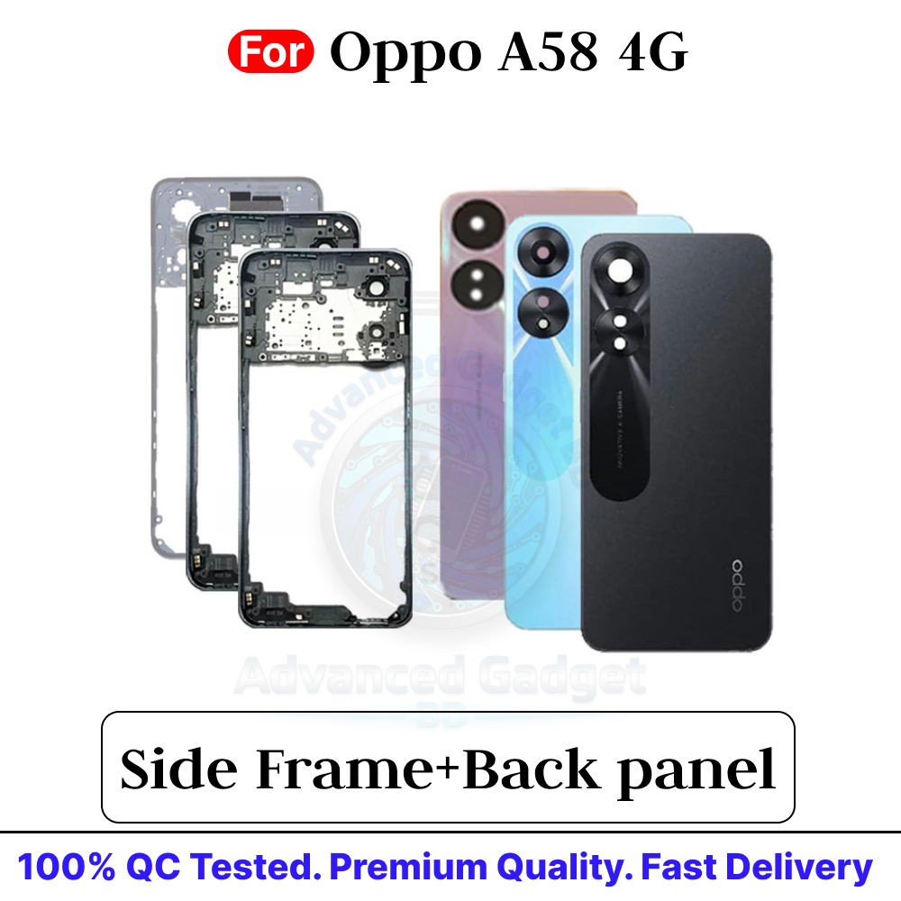 Oppo A58 4G Side Frame + Back Panel Housing + Camera Glass Back Shell Replacement
