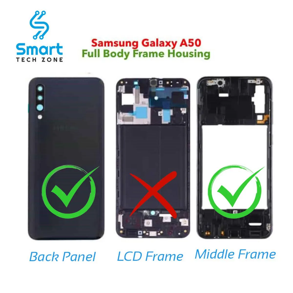 Samsung Galaxy A50 Middle Bezel Frame and Back Panel Housing Without Front LCD Panel and Camera Glass Replacement Parts Price in Bangladesh - Mobile.com.bd