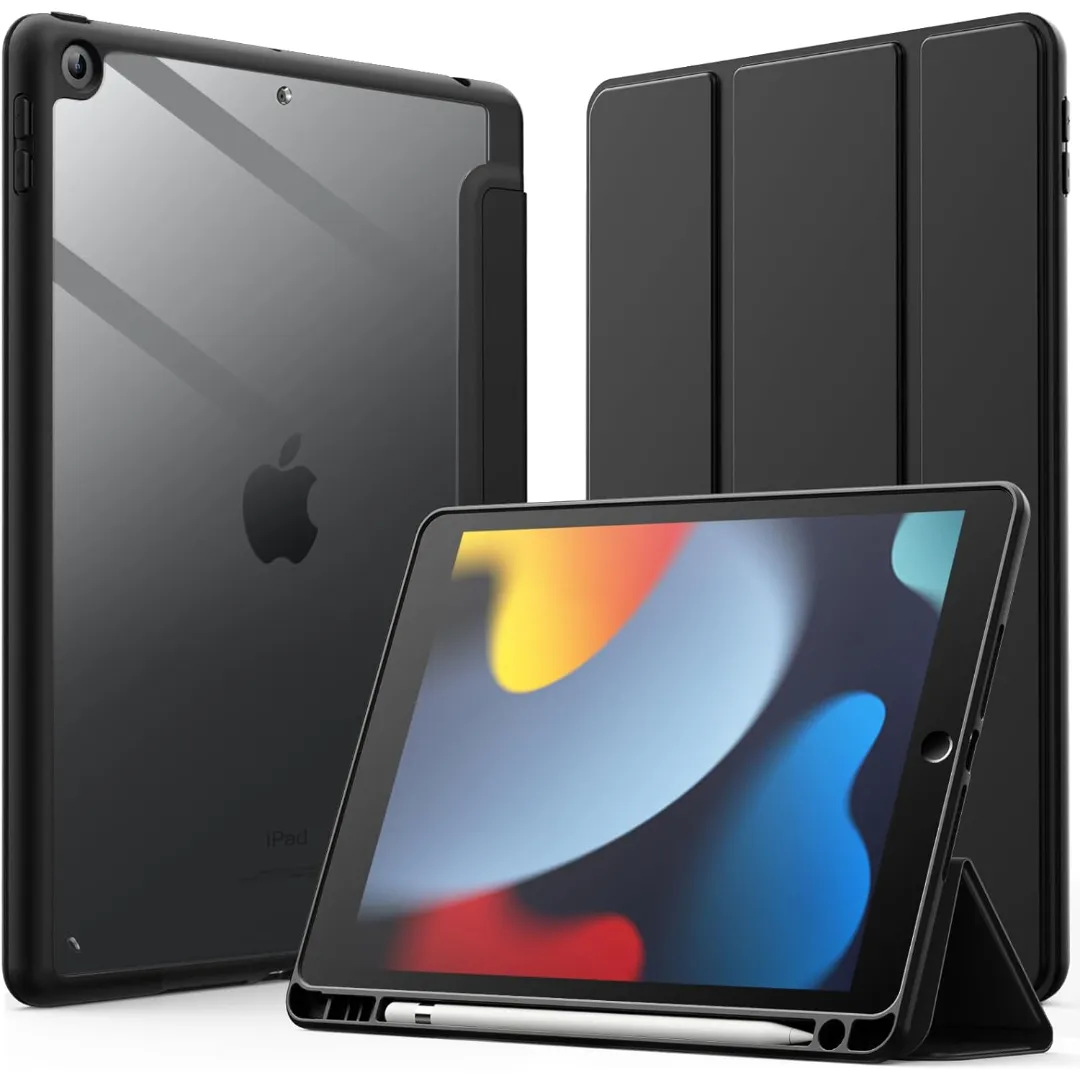Premium Flexible Flip Tpu Case For Ipad 10.2-Inch (9Th/8Th/7Th Generation, 2021/2020/2019) With Pencil Holder, Clear Transparent Back Shell Slim Stand Shockproof Tablet Cover, Auto Wake/Sleep (Black/Deep Navy Blue)