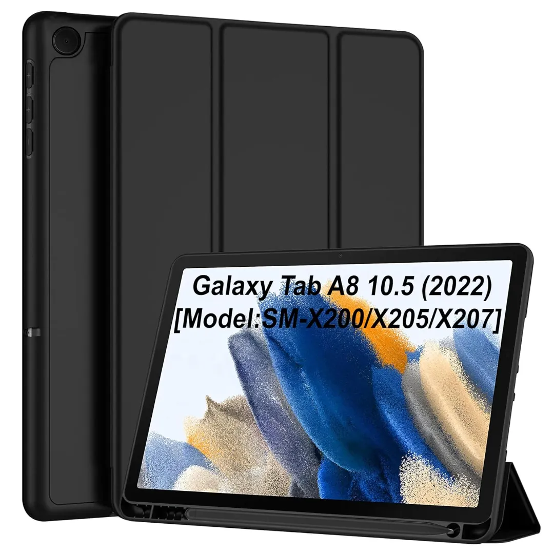 Soft Flexible With Pencil Holder Trifold Flip Back Case Cover For Samsung Galaxy Tab A8 10.5 Inch Soft Flexible Flip Case Cover With S Pen Holder (Black)