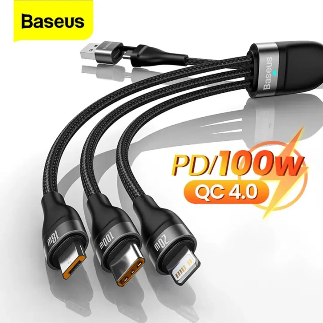 Baseus Flash Series Two-for-three Fast Charging 100W Data Cable 1.2m Cables Price in Bangladesh - Mobile.com.bd