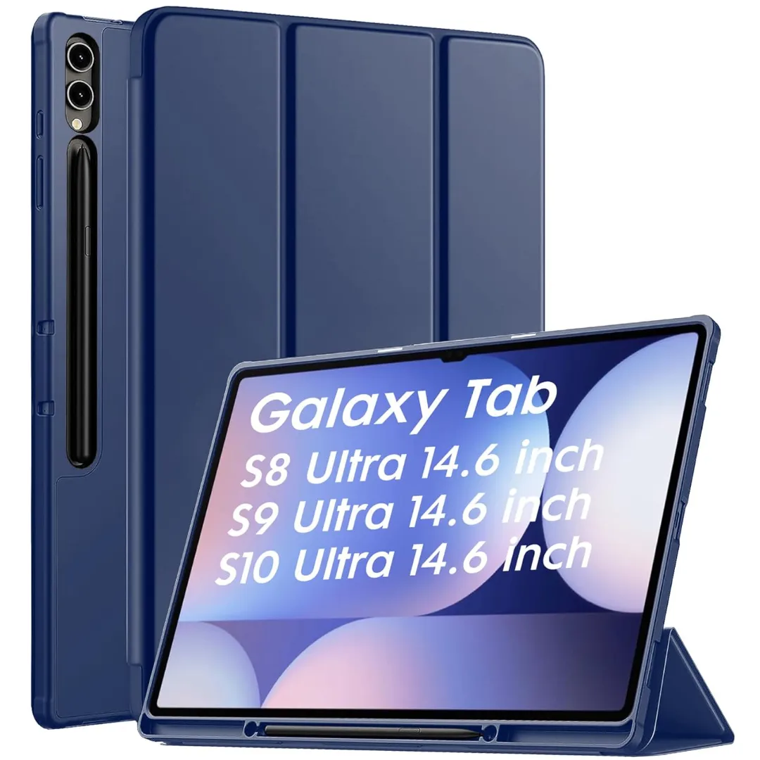 Robustrion Cover For Samsung Tab S10 Ultra / S9 Ultra / Tab S8 Ultra Flip Stand Case Cover With S-Pen Holder For Samsung Galaxy Tab S10 / S9 / S8 Ultra Tablet Cover [Supports Auto Sleep Wake] - Navy Blue / Black Phone Cases & Covers Price in Bangladesh - Mobile.com.bd