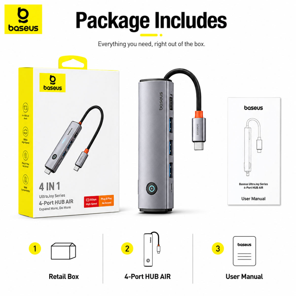 Baseus UltraJoy Series 4-Port HUB AIR USB-C Docking Station | 4 USB 3.0 Ports | 5Gbps High-Speed Data Transfer | Aluminum Alloy Hub | Plug & Play - Price in Bangladesh