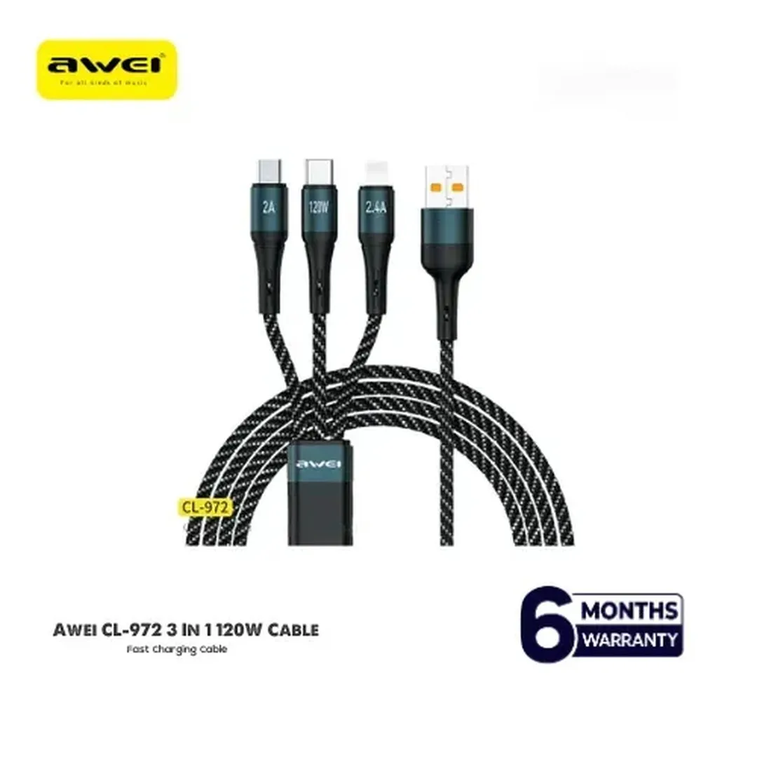 Awei Cl-972 120W 3In1 Fast Charging Cable 1.2M - Type C Cable Cables Price in Bangladesh - Mobile.com.bd