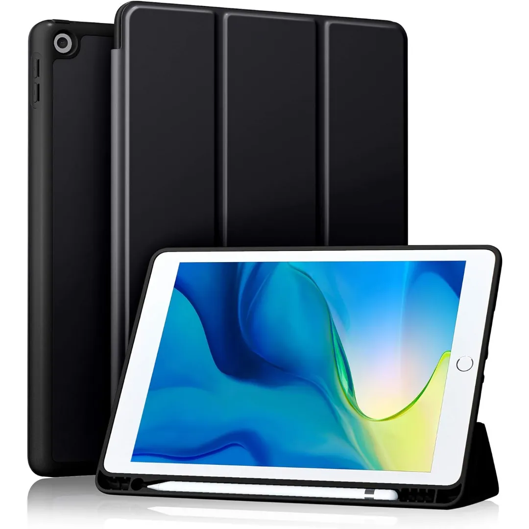 Akkerds Case Compatible With Ipad 10.2 Inch 2021/2020 Ipad 9Th/8Th Generation & 2019 Ipad 7Th Generation With Pencil Holder, Protective Case With Soft Tpu Back, Auto Sleep/Wake Cover (Black)