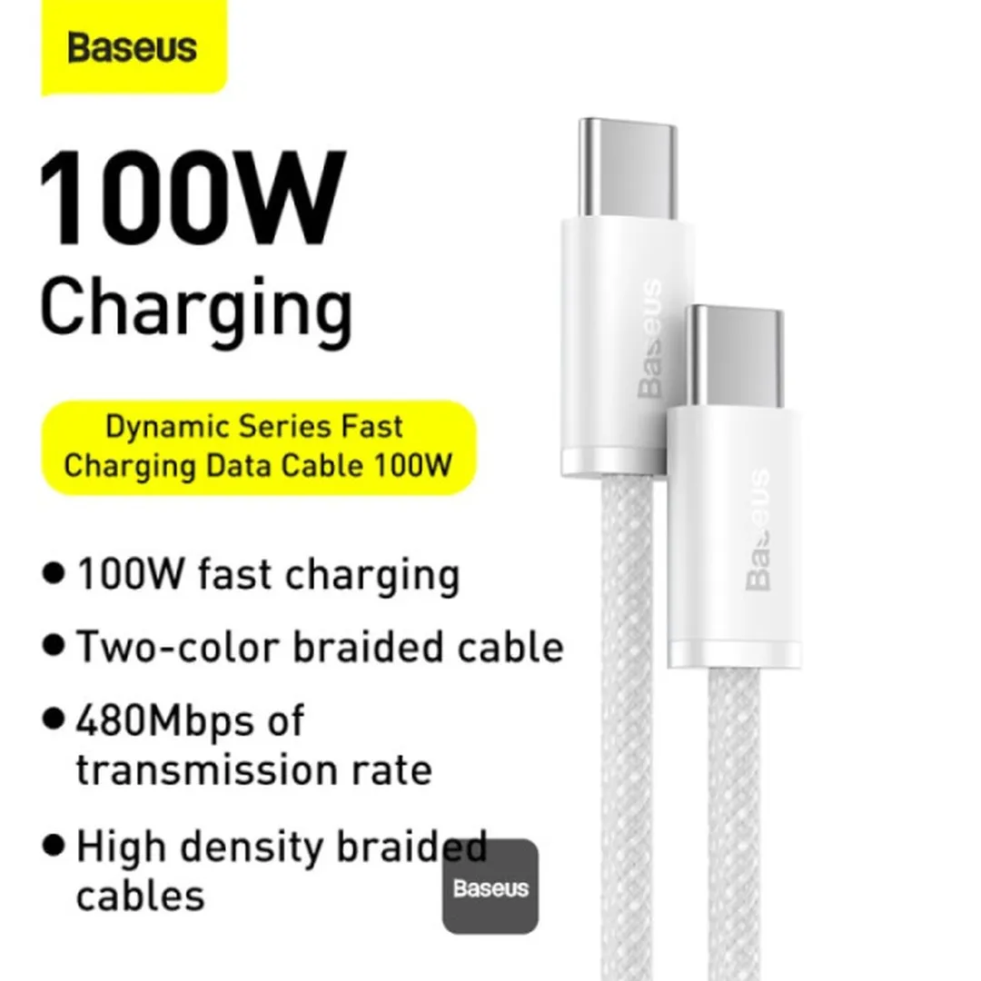 Baseus 100W Dynamic Series 1m Fast Charging Data Cable Type-C to Type-C 100W White – 6 Months Warranty Cables Price in Bangladesh - Mobile.com.bd