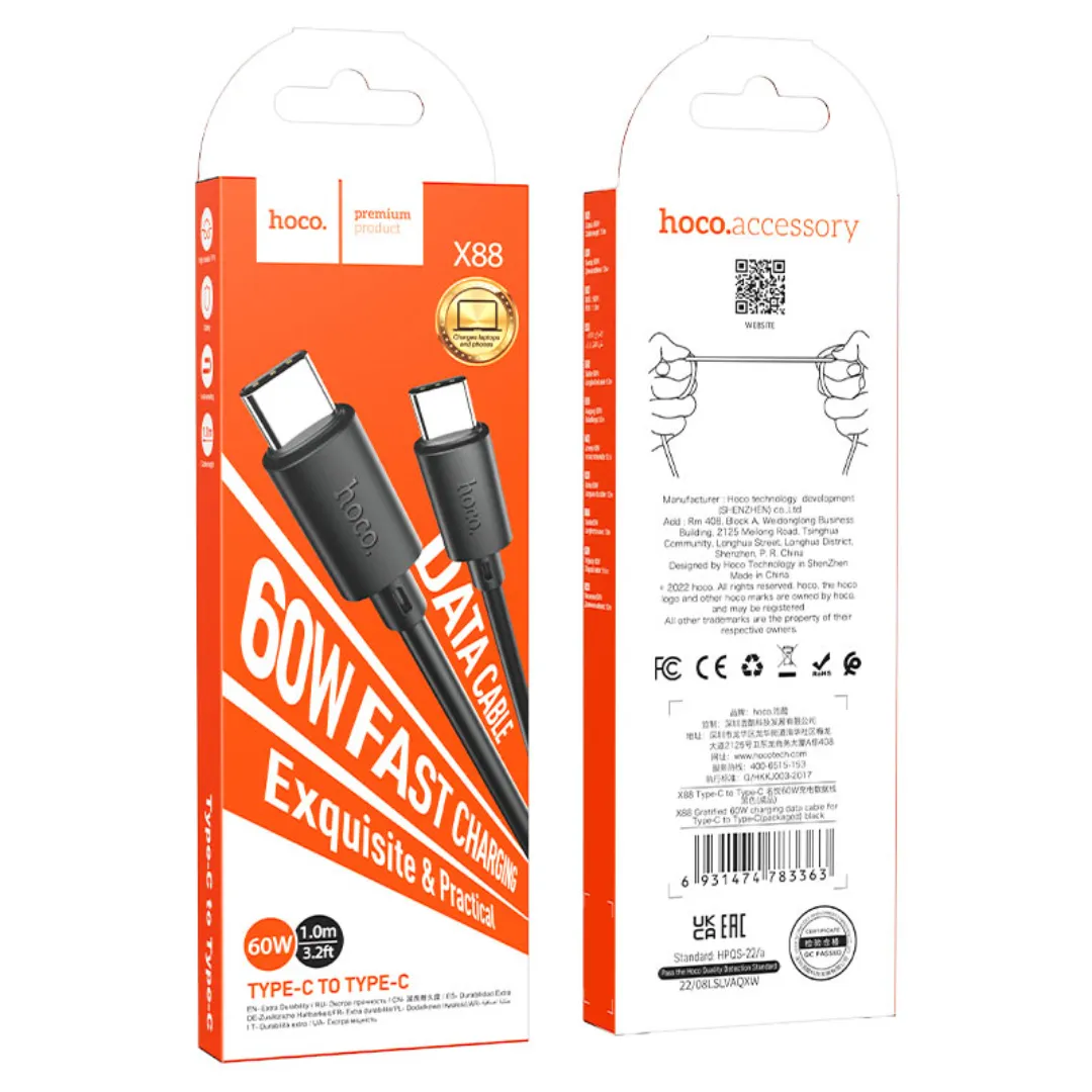 Hoco X88 Gratified 60W 1M Type-C To Type-C Fast Charging Data Cable - Black - Price in Bangladesh