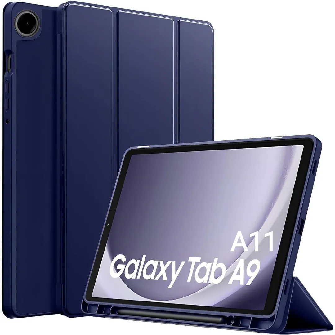 For Samsung Galaxy Tab A9 / Tab A11 8.7 Inch Protective Leather Flip Case For Tab A9/A11 Tablet Cover With Pen Holder (Black-Navy Blue)