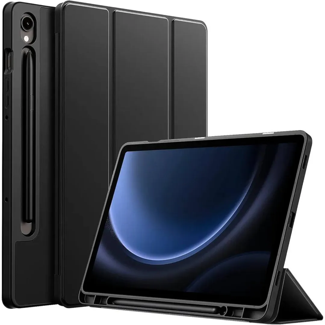 Case For Samsung Galaxy Tab S10 Fe / S9 Fe 10.9-Inch With S Pen Holder, Soft Tpu Tri-Fold Stand Protective Tablet Cover, Support S Pen Charging, Auto Wake/Sleep (Black-Navy Blue)