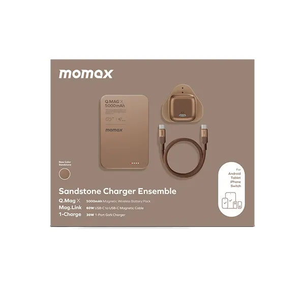 Momax Q.mag X 5000 mAh Wireless Power Bank with Uk Pin Adapter & Mag.Link Cable (Vip Box)- Sandstone
